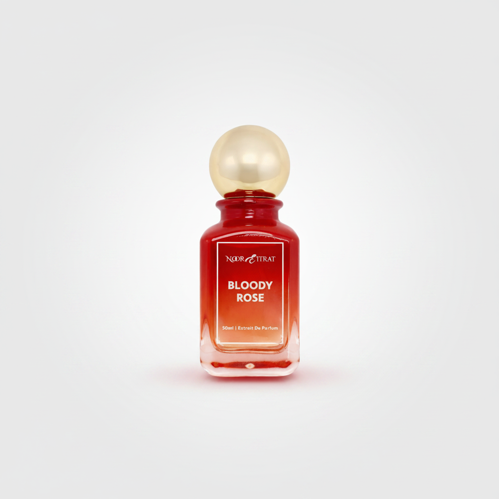 Perfume bottle labeled 'Bloody Rose' by Nour That on a white background
