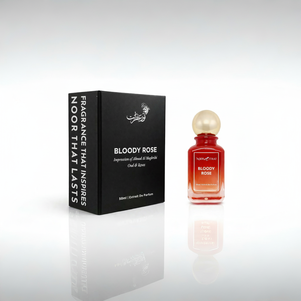 Bloody Rose perfume bottle and packaging on a white background