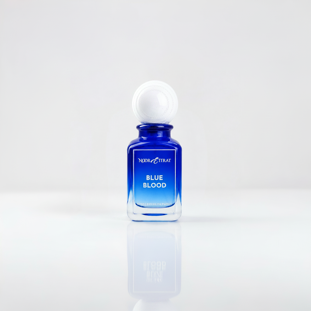 Blue bottle of 'Blue Blood' with a white cap on a white background