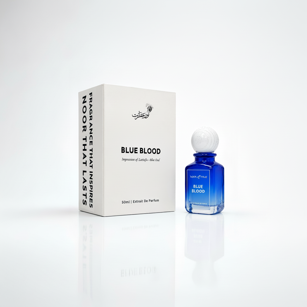 Blue Blood perfume bottle and packaging on a white background