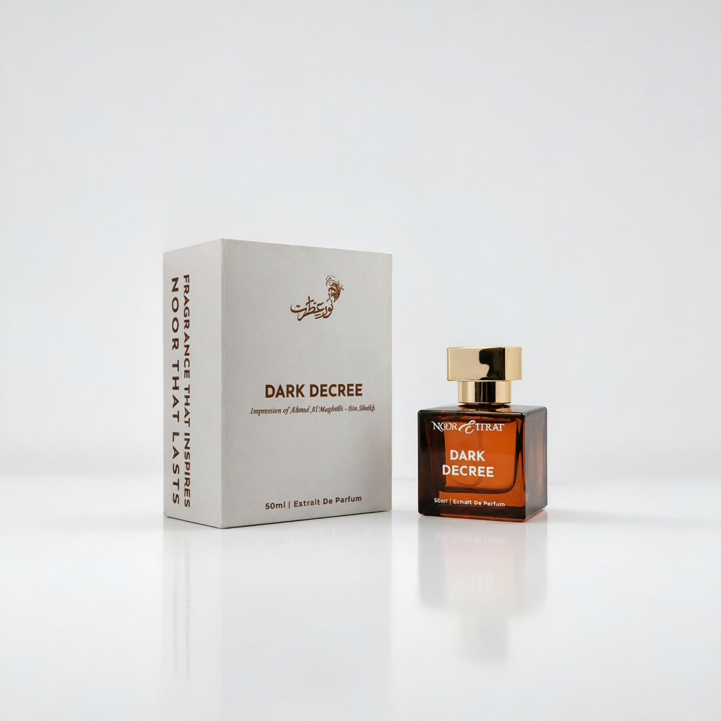 Perfume bottle and packaging of 'Dark Decree' on a white background
