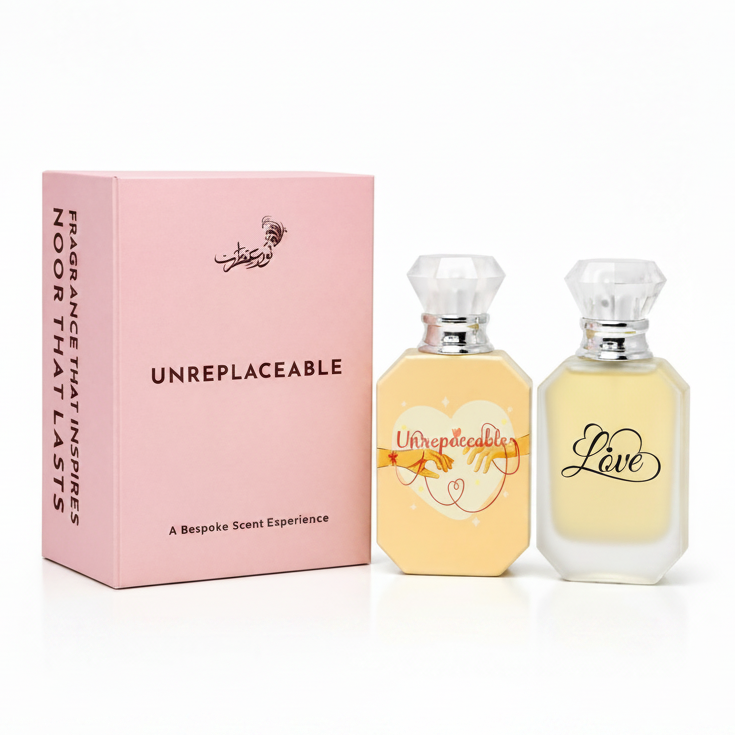 Two perfume bottles with 'Love' text and a pink box on a white background
