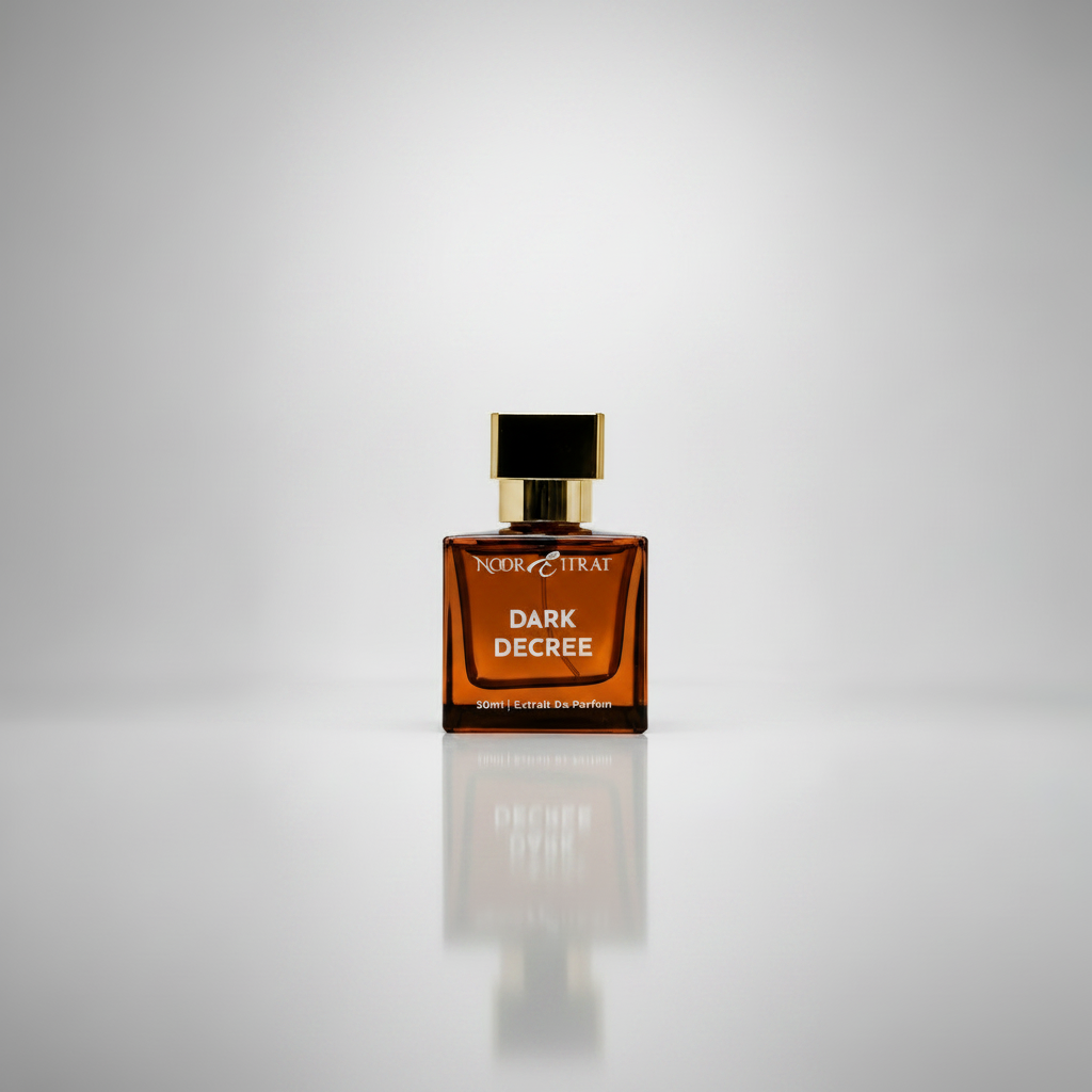 Perfume bottle labeled 'Dark Decree' on a gray background