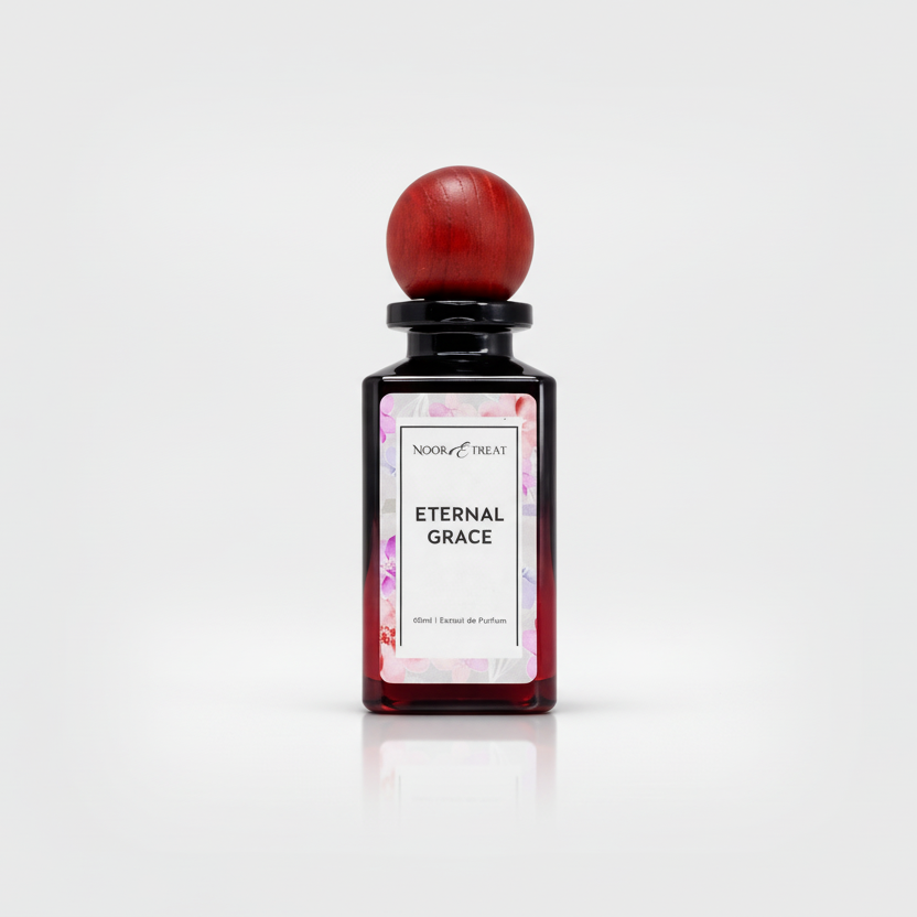 Perfume bottle labeled 'Eternal Grace' with a red cap on a white background