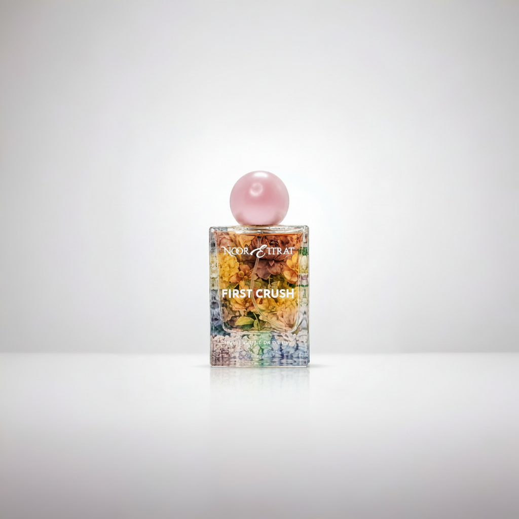 Cosmetic product with a colorful label and pink cap on a white background