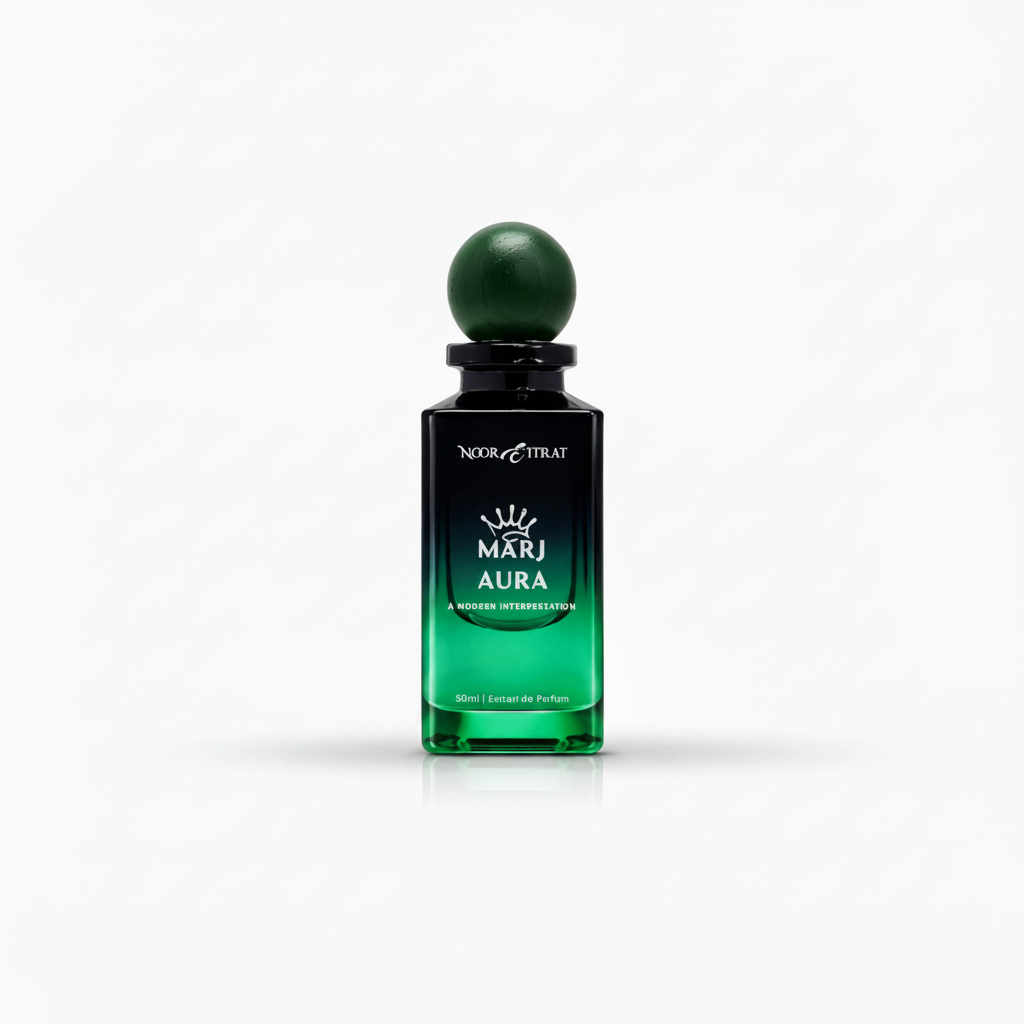 Green perfume bottle labeled 'Marj Aura' on a white background