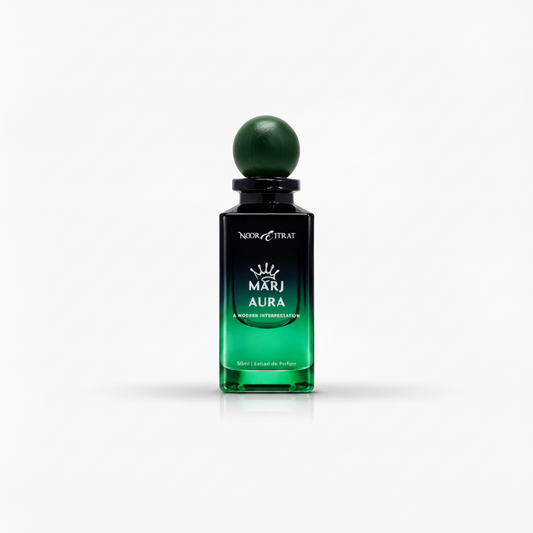 Green perfume bottle labeled 'Marj Aura' on a white background