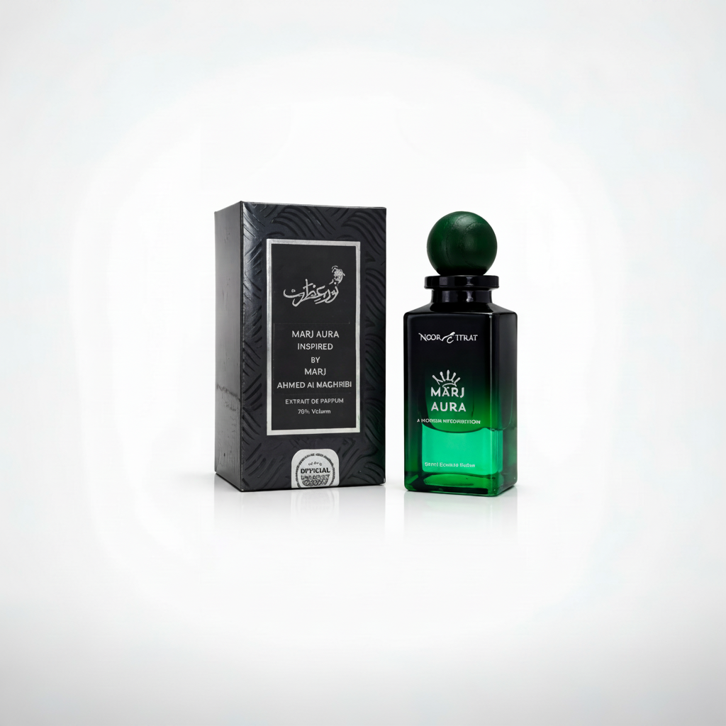 Green perfume bottle with black packaging on a white background